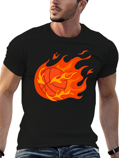Flaming Basketball Graphic Tee - Black Cotton Shirt
