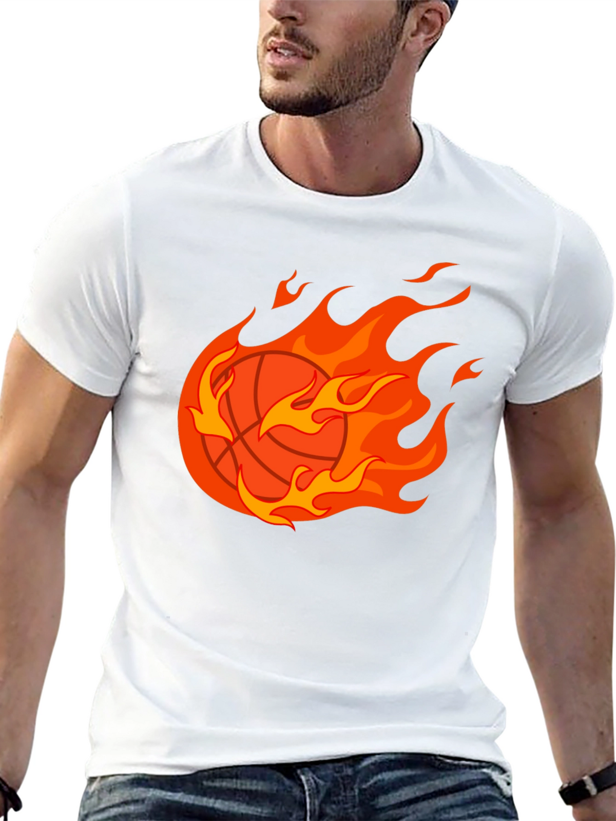 Flaming Basketball Graphic Tee - Black Cotton Shirt