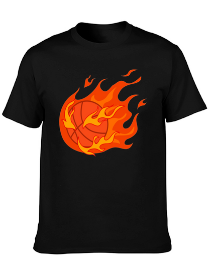 Flaming Basketball Graphic Tee - Black Cotton Shirt