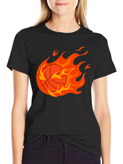 Flaming Basketball Graphic Tee - Black Cotton Shirt