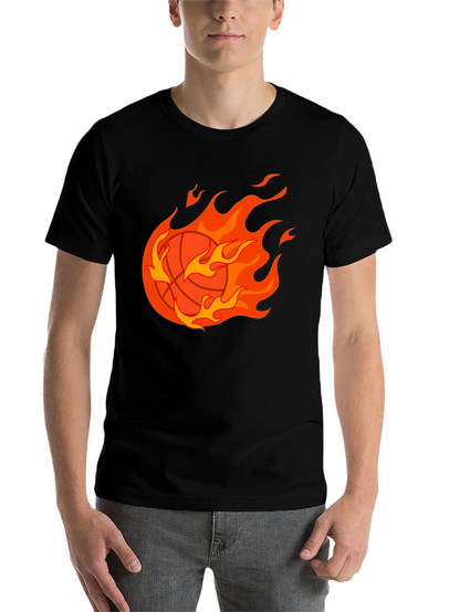 Flaming Basketball Graphic Tee - Black Cotton Shirt