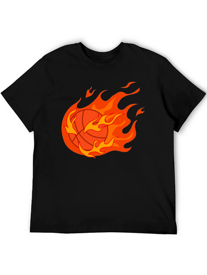Flaming Basketball Graphic Tee - Black Cotton Shirt
