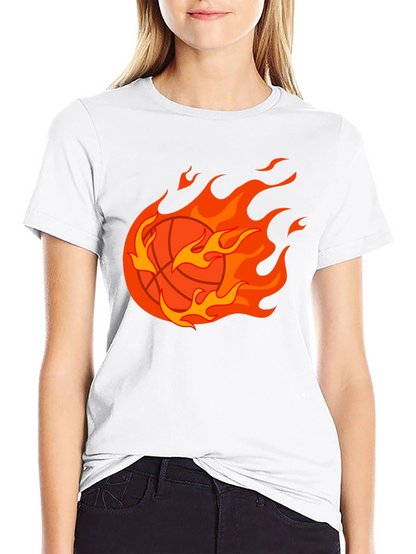 Flaming Basketball Graphic Tee - Black Cotton Shirt