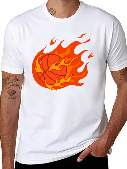 Flaming Basketball Graphic Tee - Black Cotton Shirt