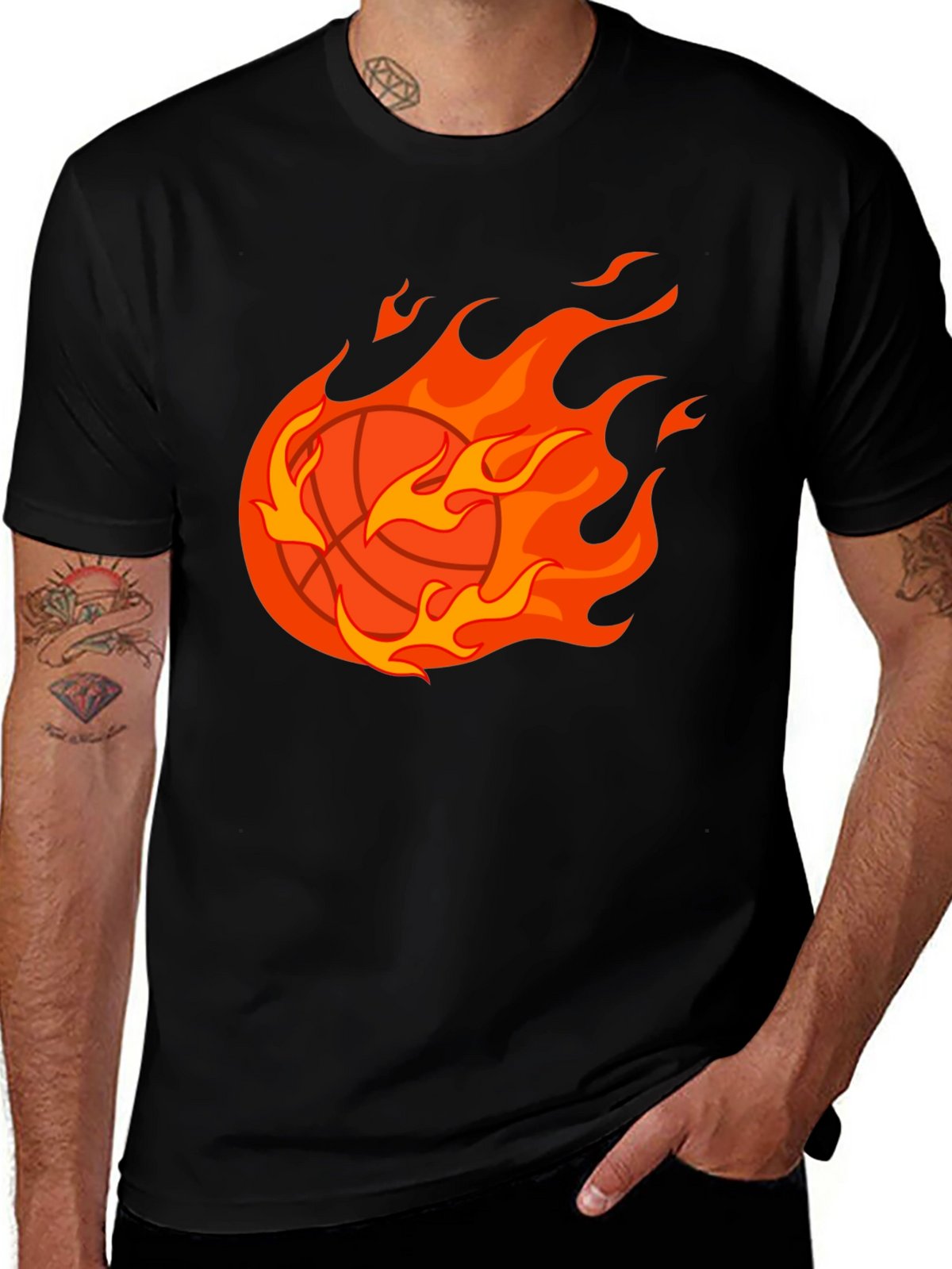Flaming Basketball Graphic Tee - Black Cotton Shirt