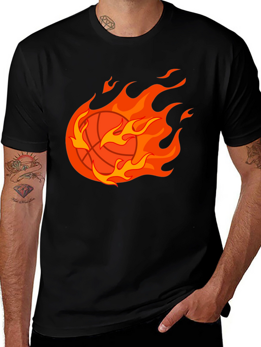 Flaming Basketball Graphic Tee - Black Cotton Shirt