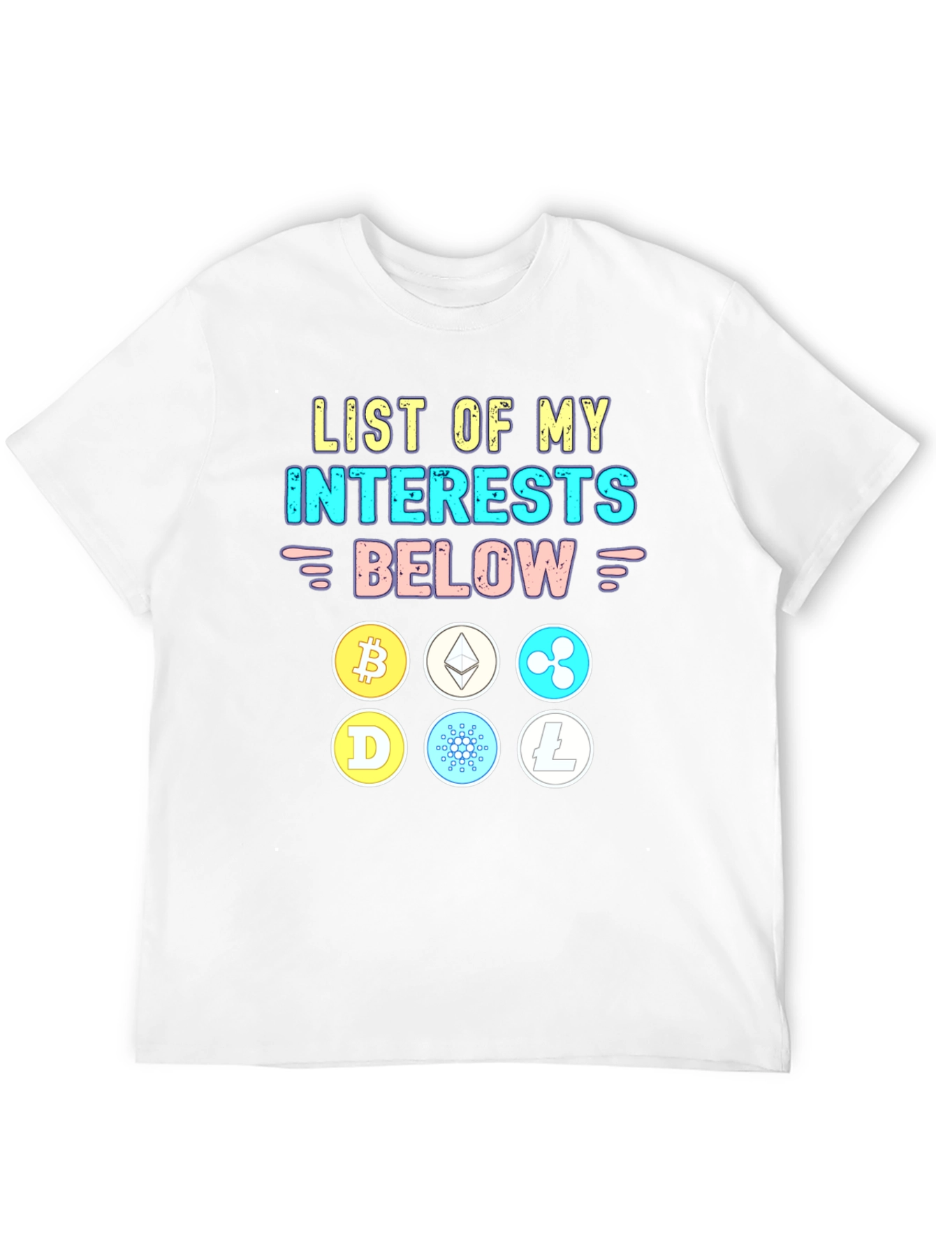 Crypto Interests T-Shirt Bitcoin Ethereum Cardano Litecoin