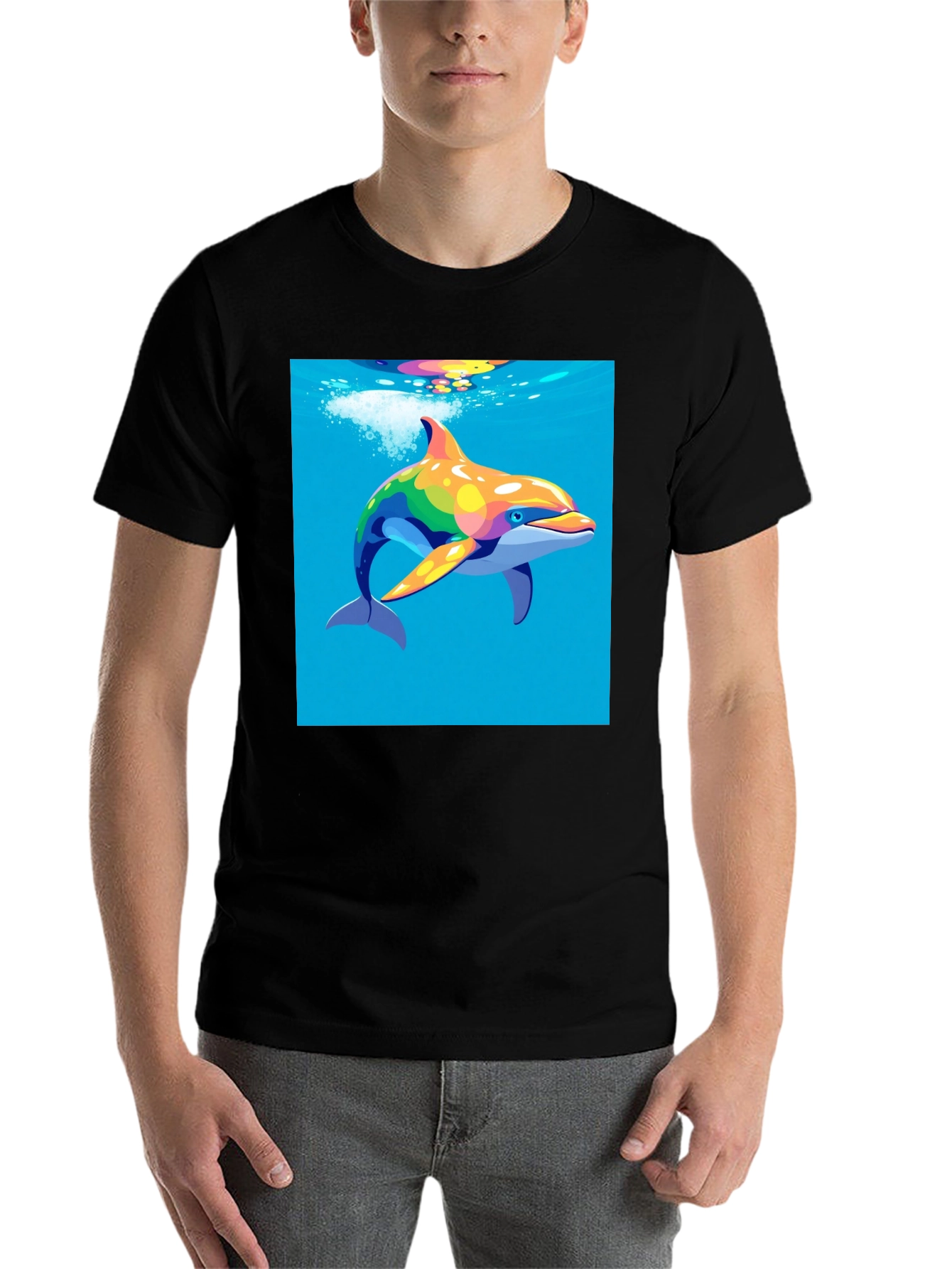 Rainbow Dolphin T-Shirt - Mens Black Tee